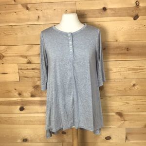 Boutique brand soft gray marled cotton high low henley tunic top blouse tee XL